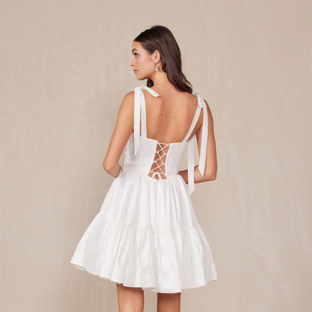NEW A-LINE OFF WHITE MINI SOLID DRESS W/ SWEETHEART NECK & TIED STRAPS NX T869W - Picture 7 of 9